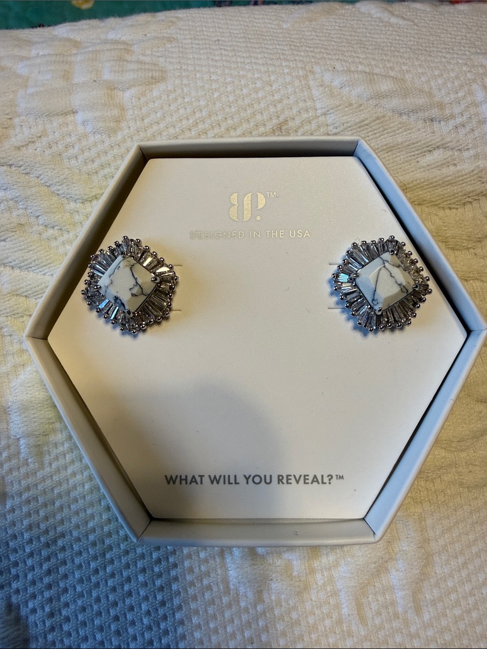 Bomb Party White Marbled Stone Baguette Halo Stud Earrings NIB